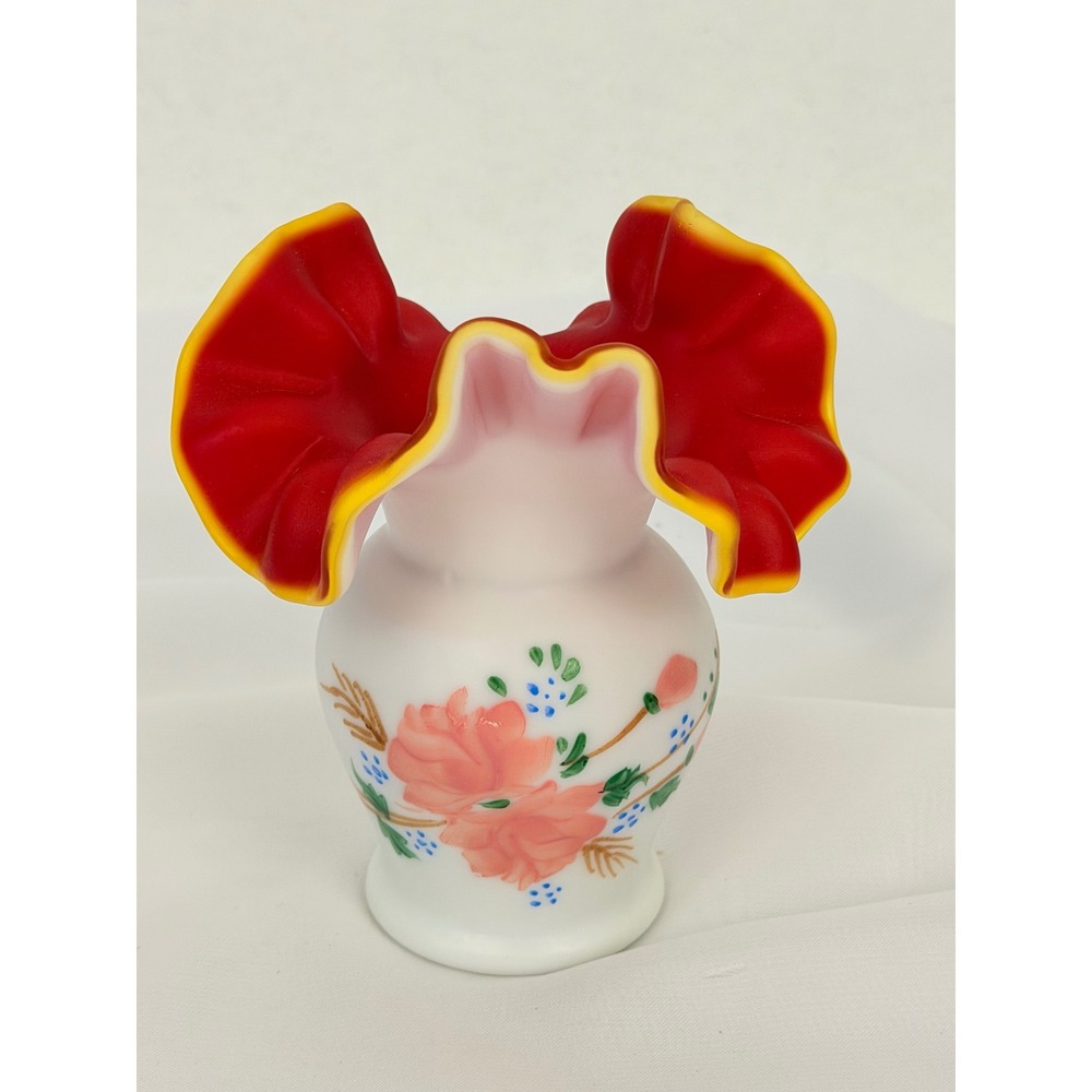 Kanawha Glass Ruffled Vase Hand Painted Floral UV Glow West Virginia